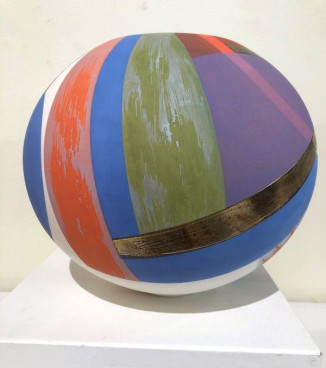 SOLD Multi coloured round pot no8