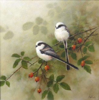SOLD Long Tailed Tits with Rosehips - Neil Cox
